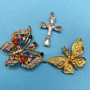 Butterfly Pendants Christian Cross Sparkling Rhinestones Lot of 3